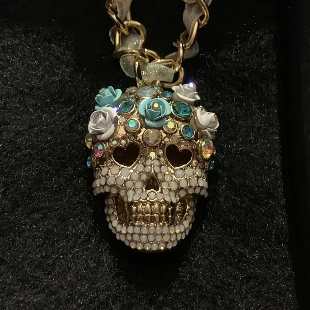 Betsey Johnson Ribbon Chain Collar Choker Crystal Pave Sugar Rose Skull Necklace